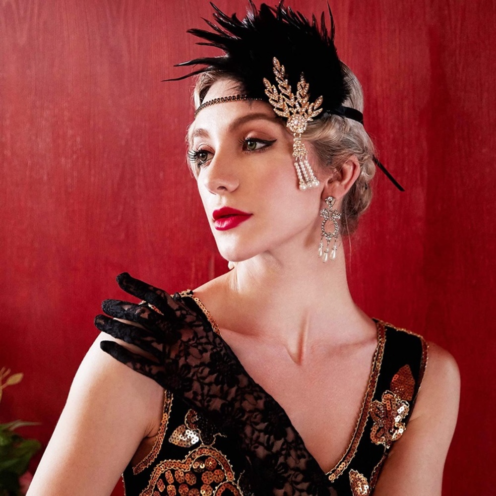Flapper Headband Crystal Great Gatsby Headpiece Black Feather